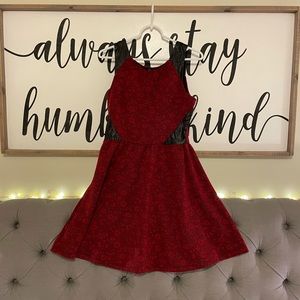 Floral maroon and faux leather dress